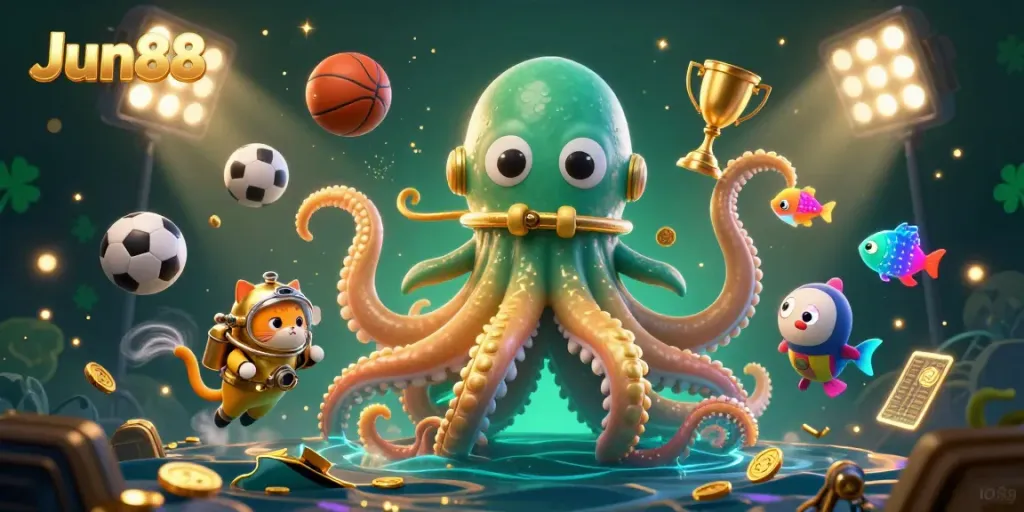 Experience the thrill of Jun88 with a kraken, diving cat, and sports elements in vibrant action.