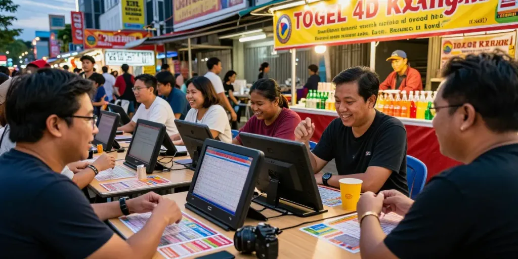 A bustling urban marketplace scene filled with people excitedly engaging in togel 4D game activities.