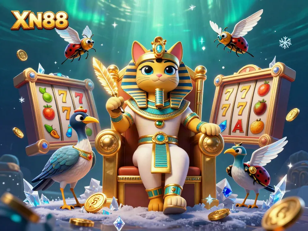 XN88 slot game illustrated with a pharaoh cat and iconic symbols for immersive gaming.