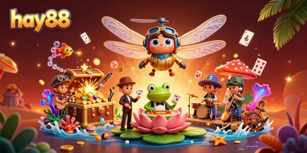 Experience the thrill of hay88 with a vibrant casino scene featuring animated characters and dynamic gaming elements.