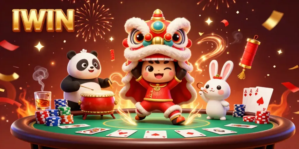 Experience IWIN with a lively scene of a lion dance and casino elements.