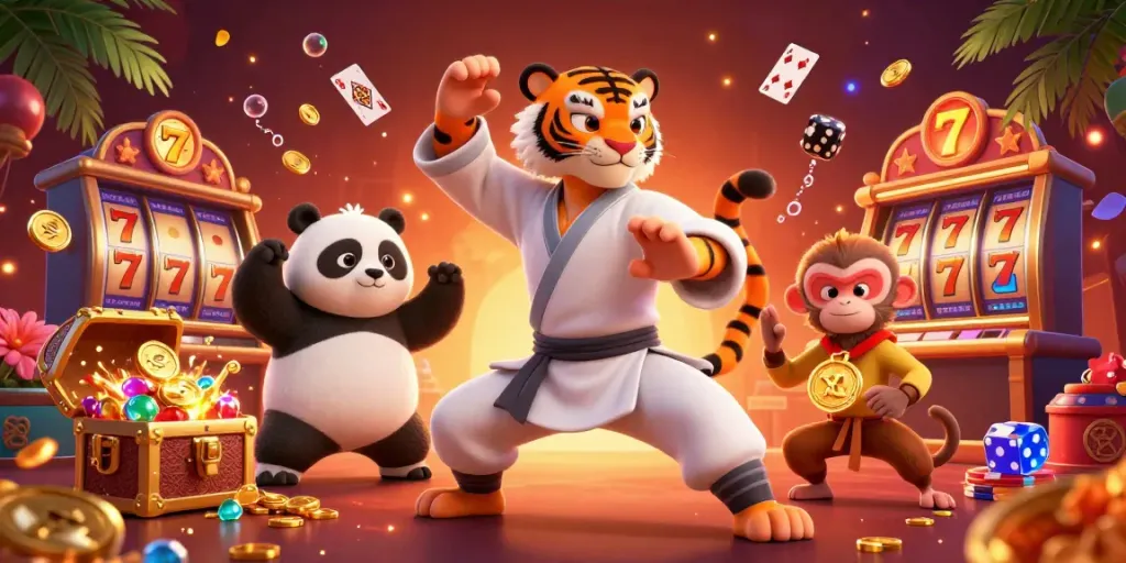 Sunwin casino scene featuring a kung fu tiger, panda disciple, and monkey student amidst dynamic slot game elements.