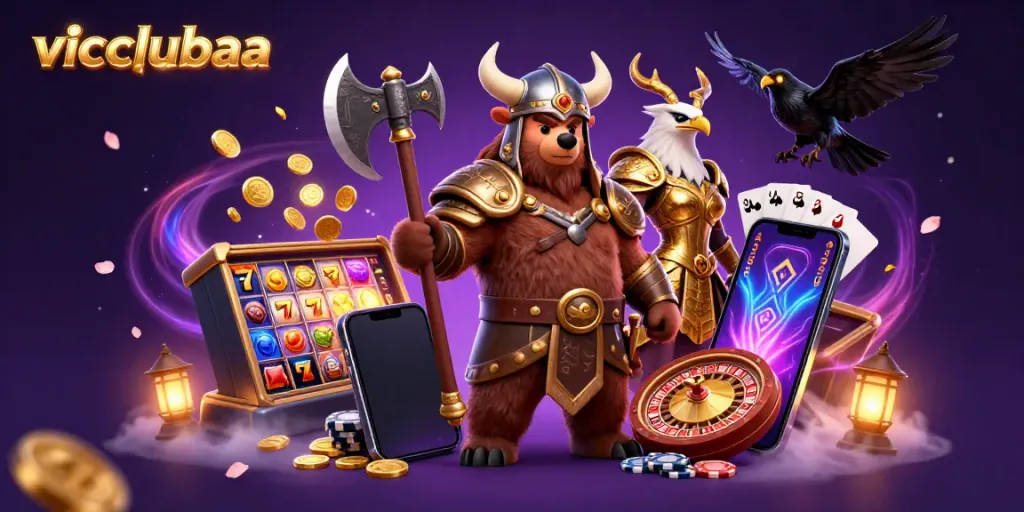 Engage with vicclubaa's vibrant casino adventures featuring a Viking bear and Valkyrie eagle.
