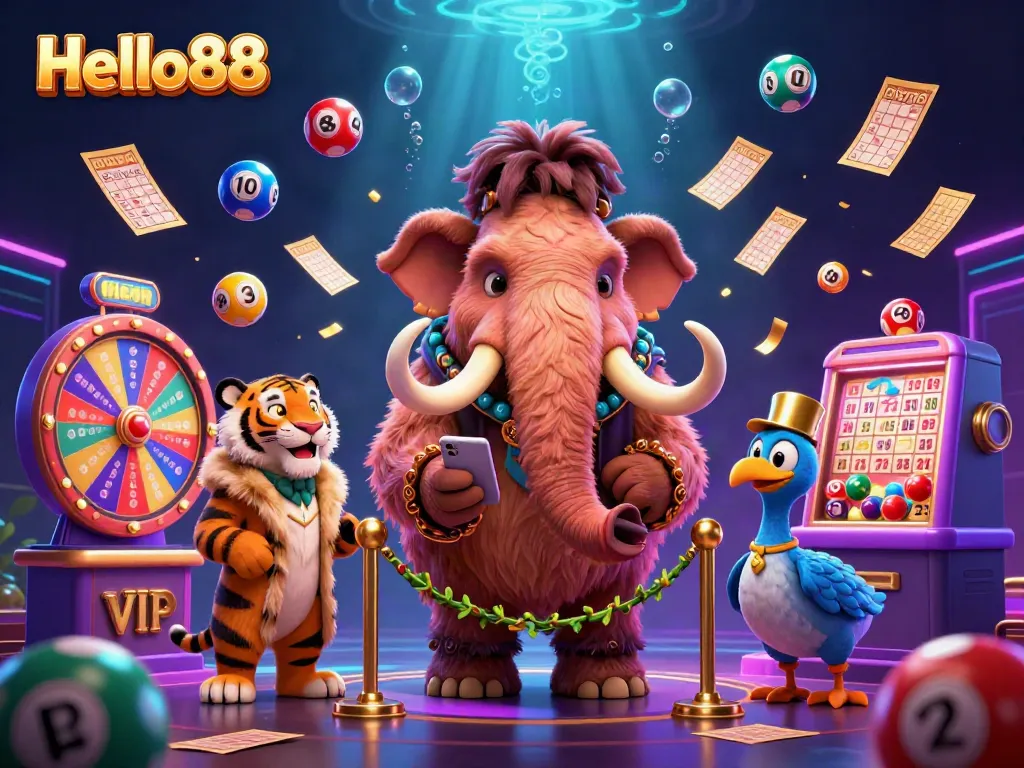 Hello88 features a vibrant casino scene with a woolly mammoth bouncer, VIP saber-tooth tiger, and colorful lottery elements.