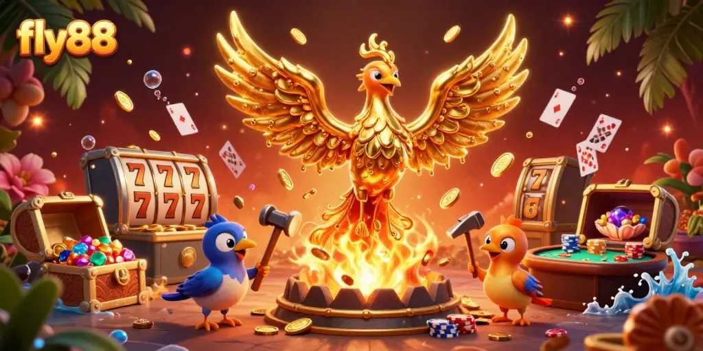 Experience the thrill of fly88 with a vibrant casino scene featuring gold and cards.