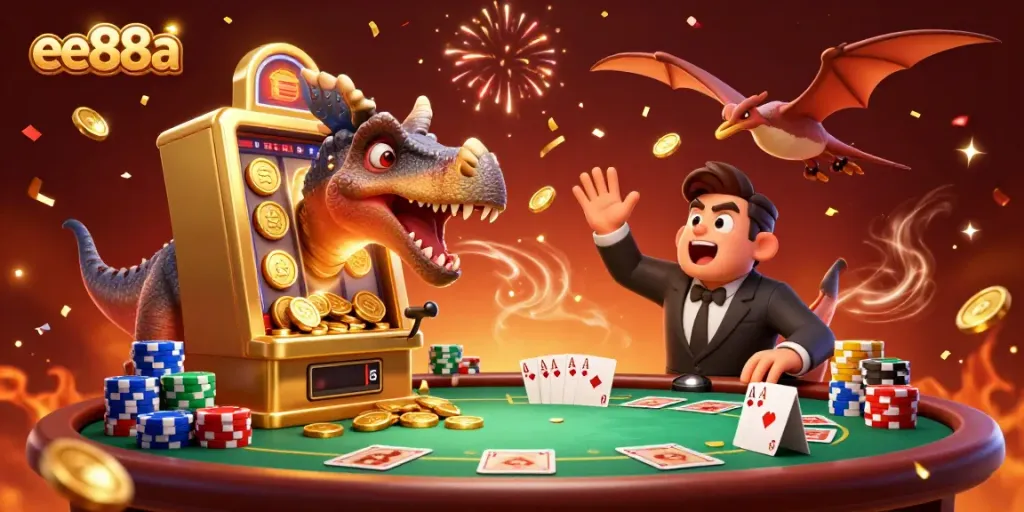 Join the fun at ee88a with a pachycephalosaurus celebrating its jackpot win surrounded by colorful casino elements.