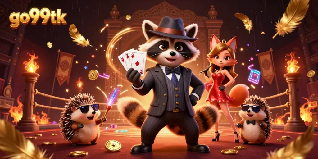 Experience excitement at go99tk with 3D raccoon in casino themed scene highlighting betting action.