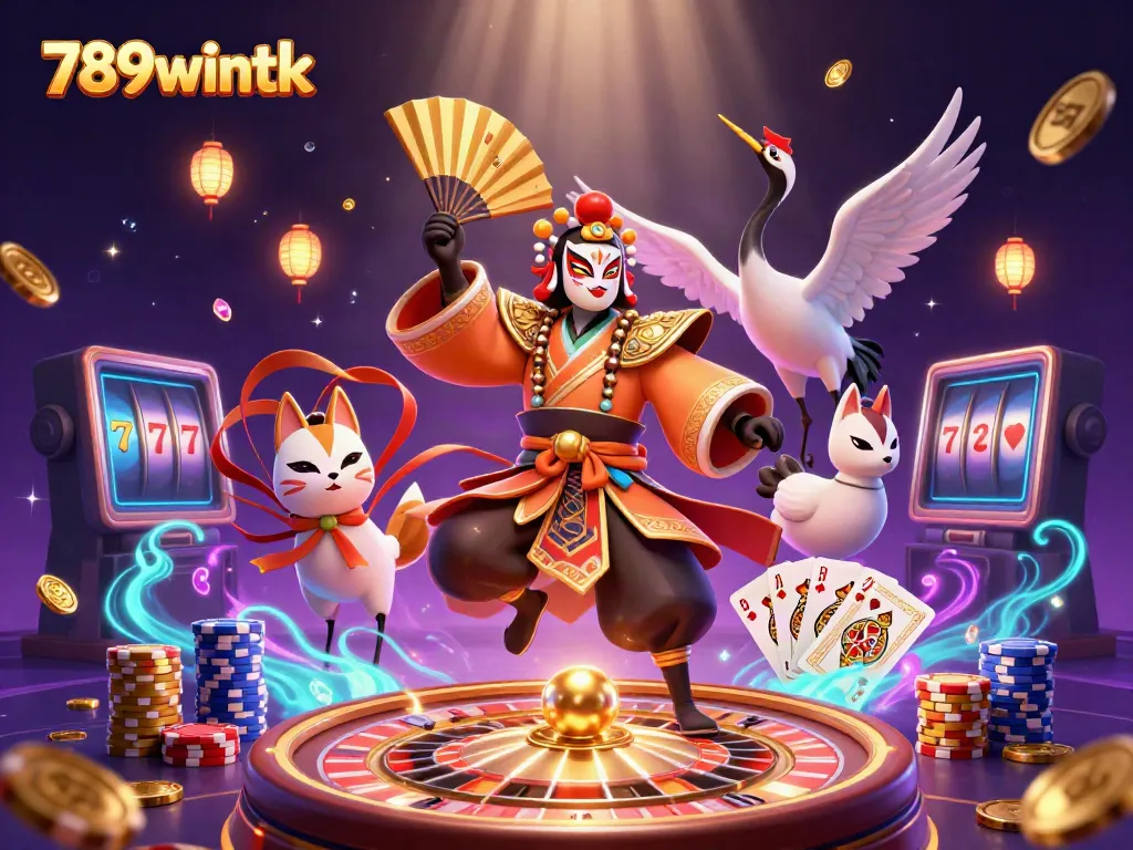 Experience the vibrant online casino spirit with 789wintk's dynamic 3D illustration featuring exciting game elements.