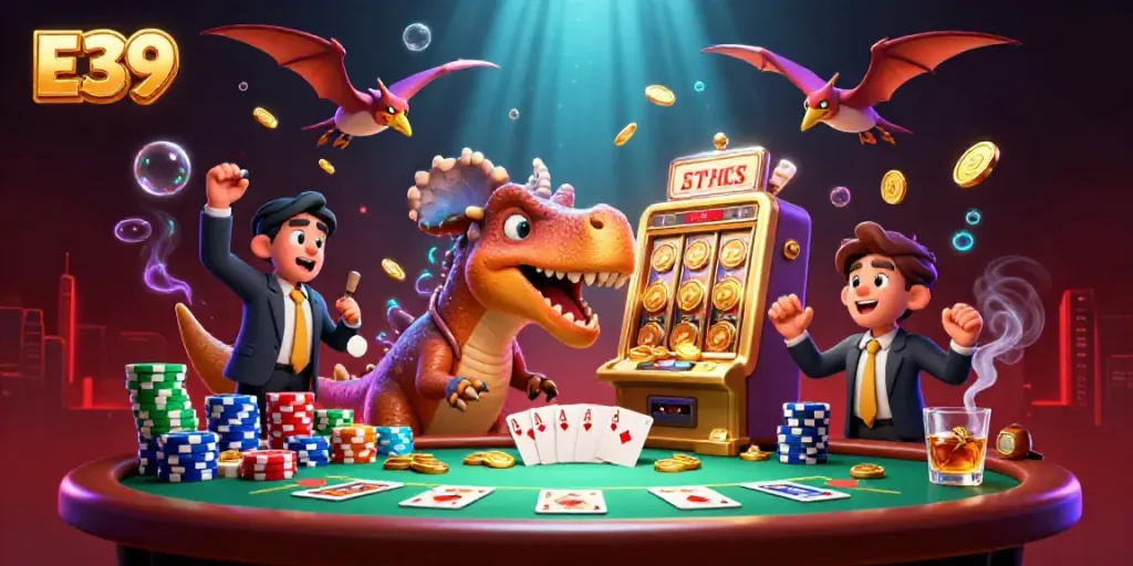 E39 slot machine pay out scene with cartoon dinosaurs in a vibrant casino atmosphere