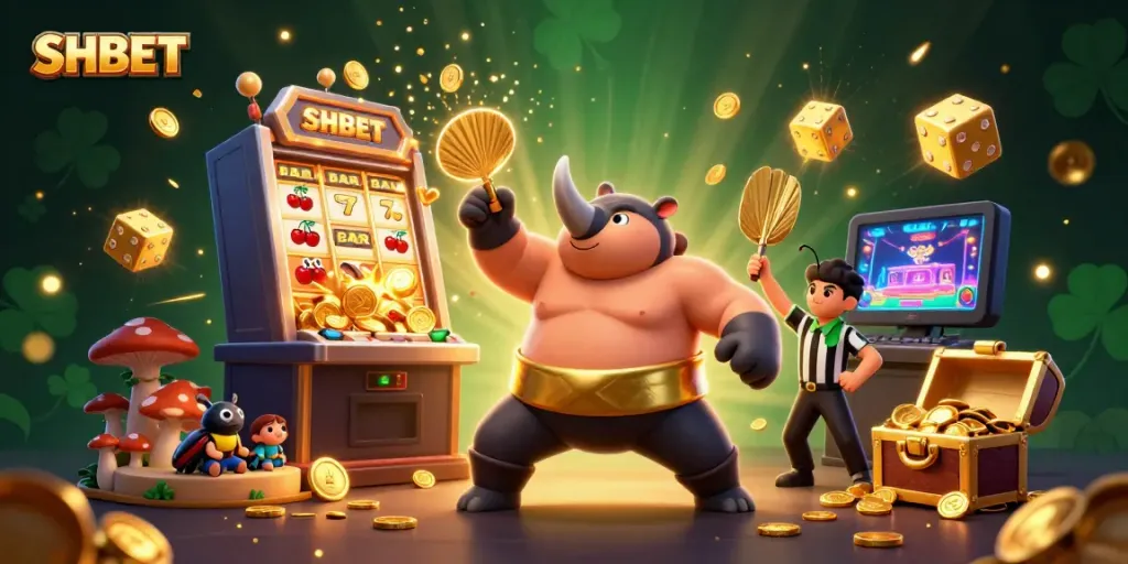 Experience the excitement of SHBET with a dynamic 3D illustration featuring a beetle champion and casino elements.