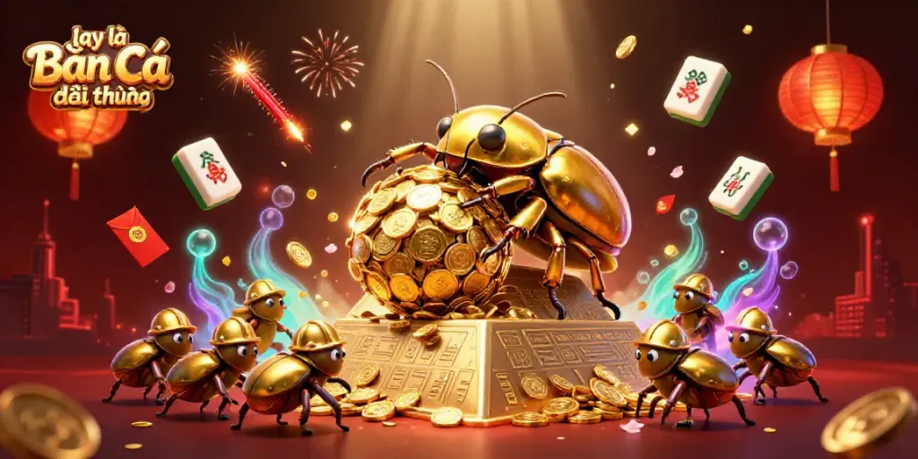 Engaging illustration of lại là Bắn cá đổi thưởng, featuring vibrant golden bugs and casino symbols.
