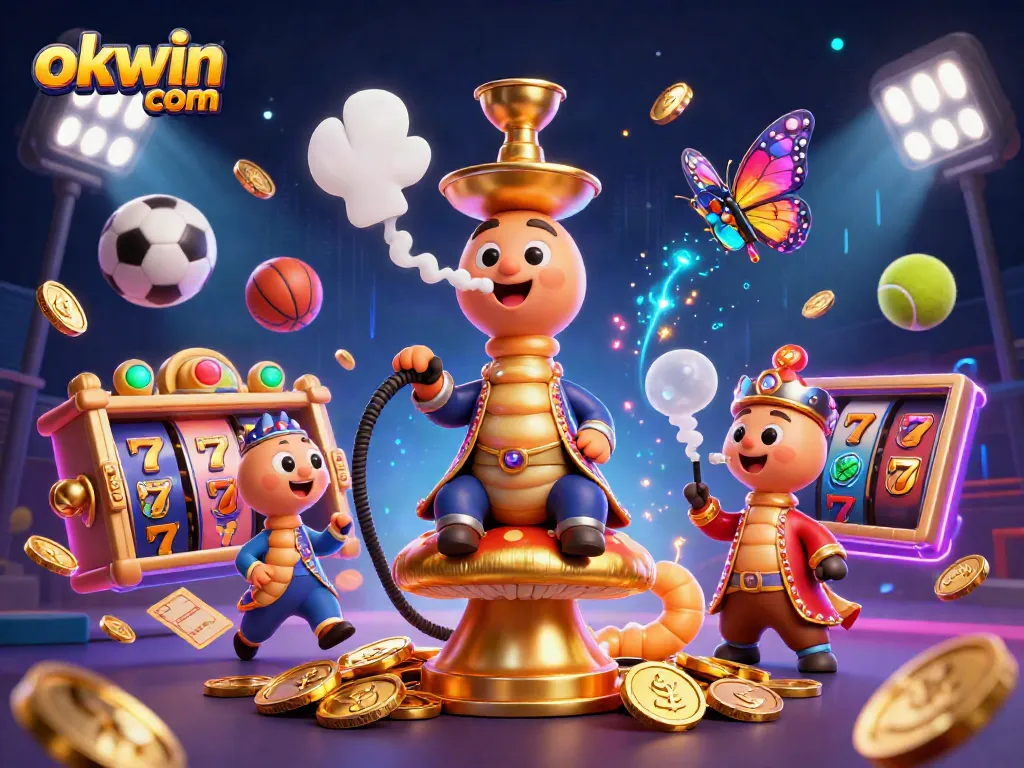 Engage with thrilling games at OKWIN com featuring a vibrant 3D casino scene illustrating dynamic slot reels and jackpots.