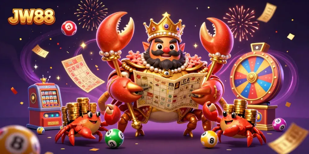 Experience thrilling moments in JW88 with vibrant lottery balls and a majestic crab emperor, amidst a celebration of rewards.