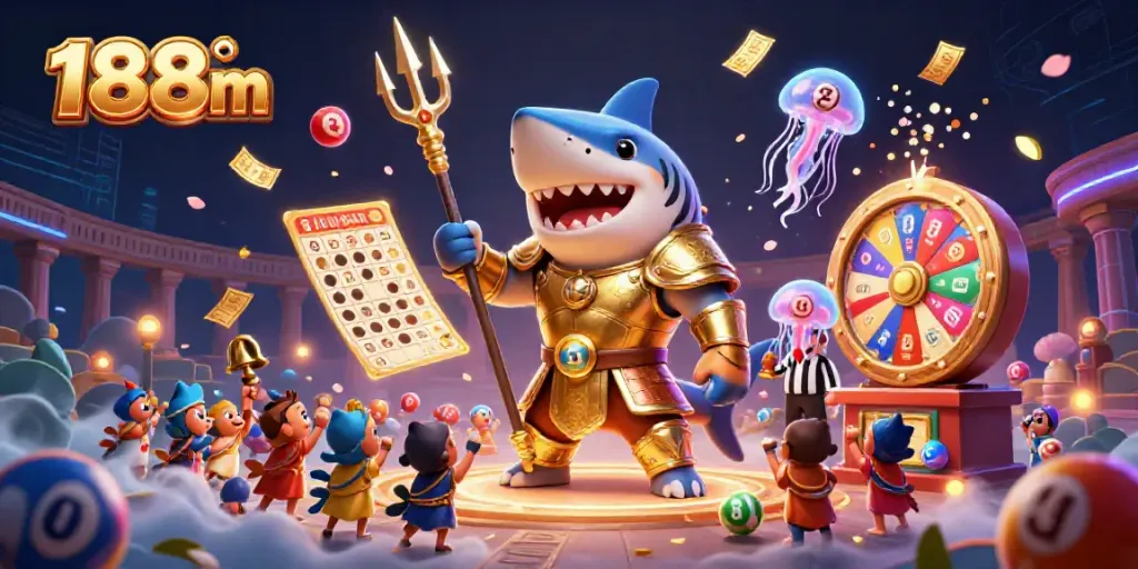 Witness the excitement of 188m casino with a 3D illustration of a tiger shark gladiator in an underwater colosseum, featuring dynamic game elements.