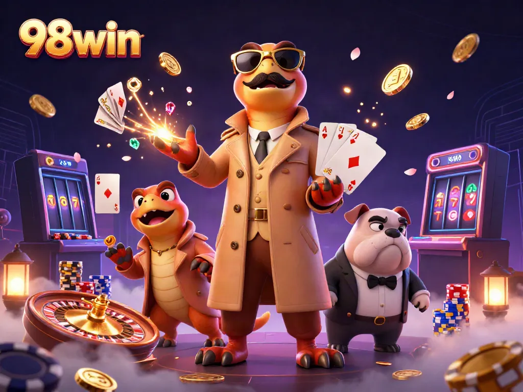 Experience the thrill of 98win casino with three raptors at the VIP lounge entrance, filled with coins and cards.