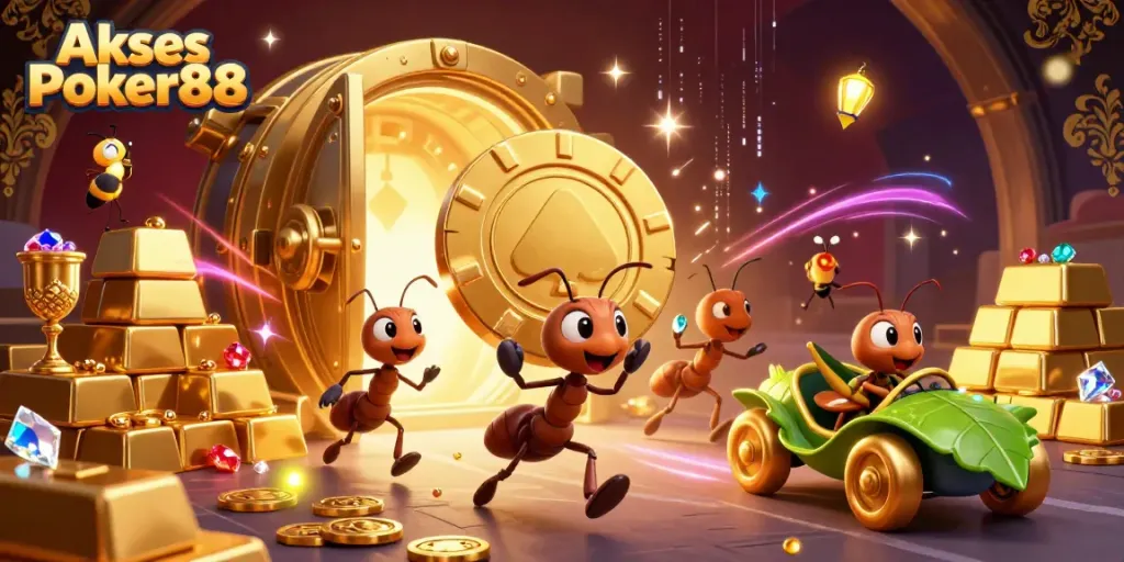 Experience Akses Poker88 with a vibrant heist scene featuring animated ants and golden elements.
