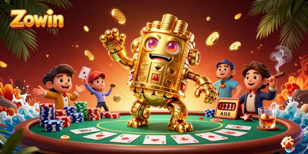 Zowin players enjoying a vibrant poker game with dynamic golden golem characters in a thrilling casino scene.