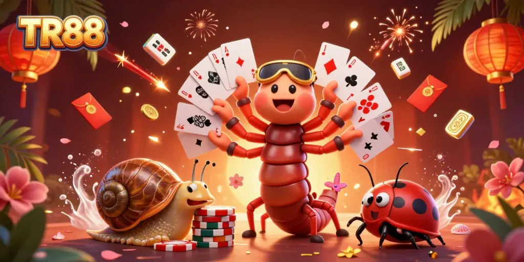 Engaging TR88 scene with a millipede dealer and high-roller snail in a vibrant 3D casino environment.
