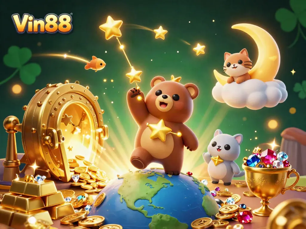 Engage with Vin88’s thrilling gaming experience featuring a constellation bear and treasure elements.