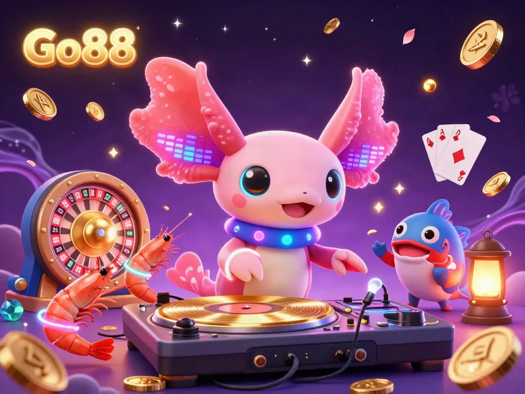 Engage with Go88's vibrant casino world featuring a neon axolotl DJ, dancing shrimp, and golden coins.