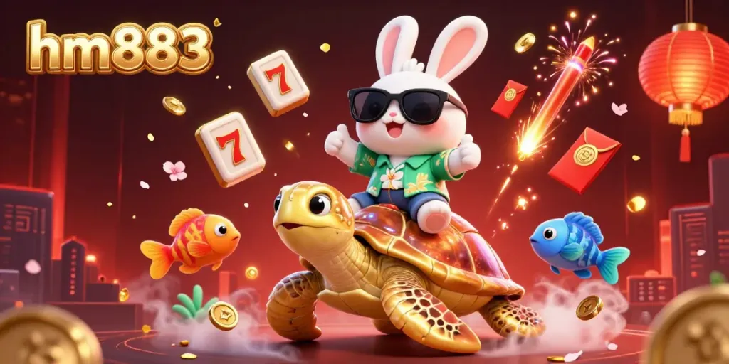 Experience the thrill of hm883 with our lucky rabbit and golden turtle in an exciting casino-themed illustration.