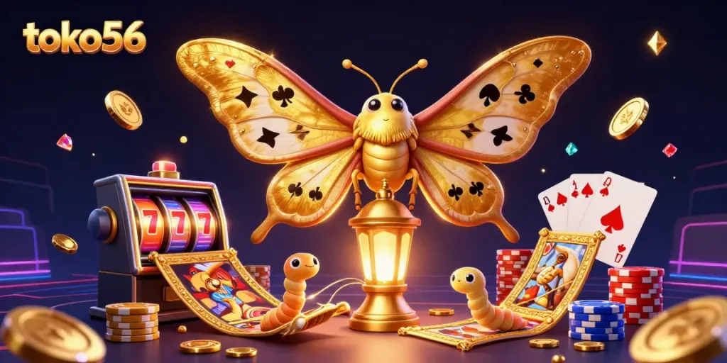 Experience the vibrant excitement of toko56 with golden wings, slot reels, and dynamic casino elements.