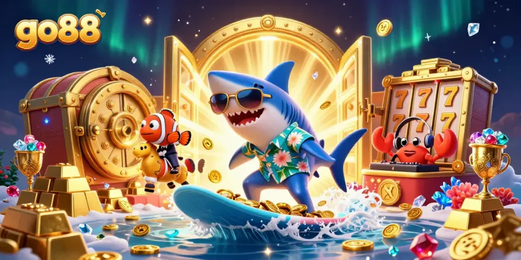 Surf on gold coins with go88 characters like a shark, clownfish, and DJ crab in a vibrant casino scene.