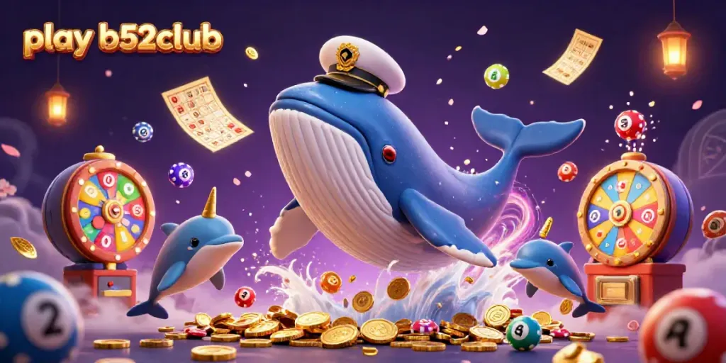 Engage in winning games and prizes at playb52club, featuring a whimsical whale and aquatic friends.