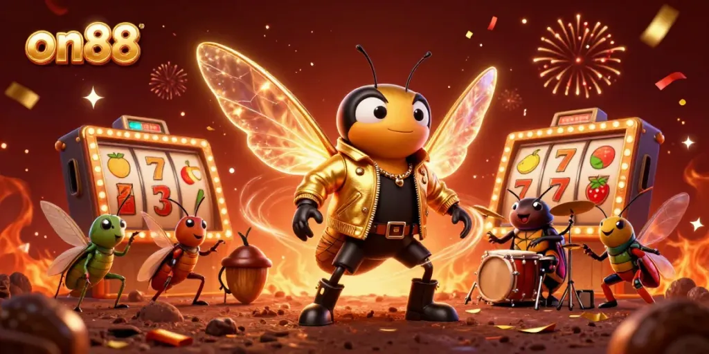 Experience on88's vibrant gambling scene with a dynamic 3D illustration of a cicada rock star and casino elements.