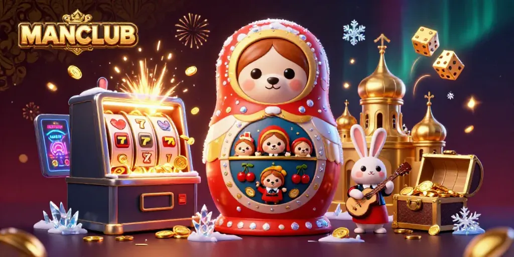 Experience the excitement of MANCLUB with this vibrant 3D casino illustration featuring dynamic characters and game elements.
