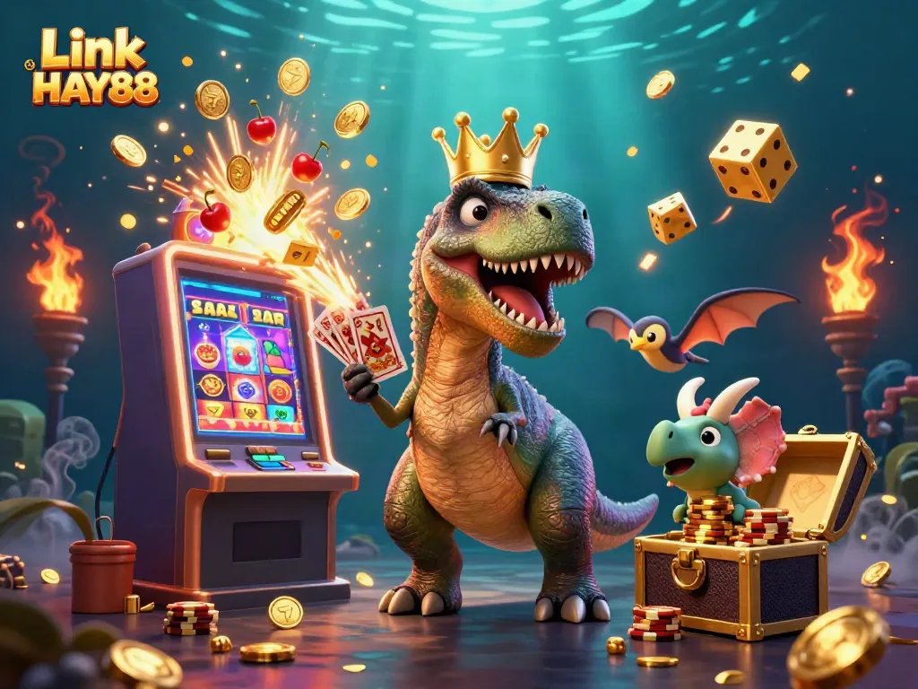 Experience the vibrant world of Link HAY88 with a dynamic casino scene featuring playful dinosaurs and exciting game elements.