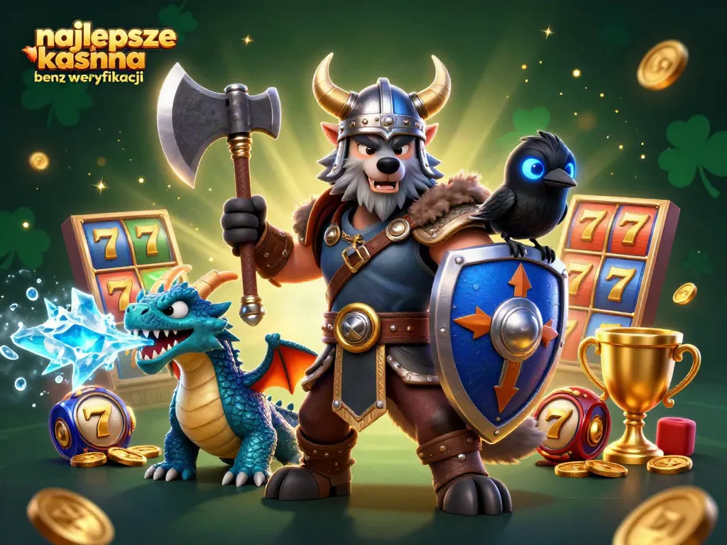 Experience the excitement of najlepsze kasyna bez weryfikacji with a Viking warrior, dragon, and slot machines.