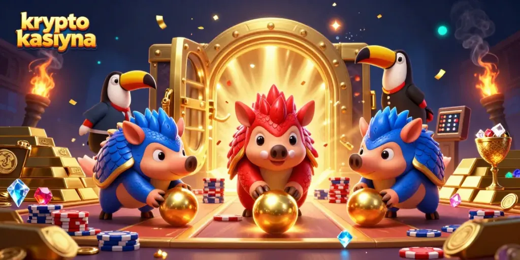 Engage with vibrant krypto kasyna illustration featuring animated pangolins amid casino riches.