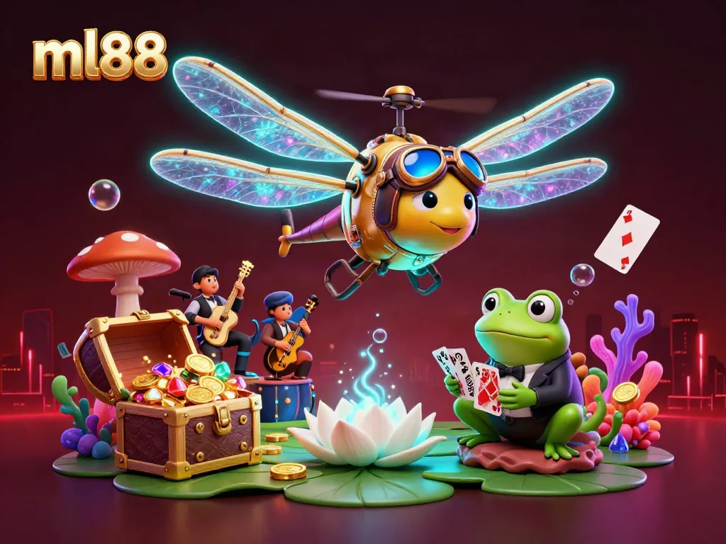 Experience thrilling gameplay at ml88, featuring a fun dragonfly pilot and frog croupier in a vibrant casino scene.
