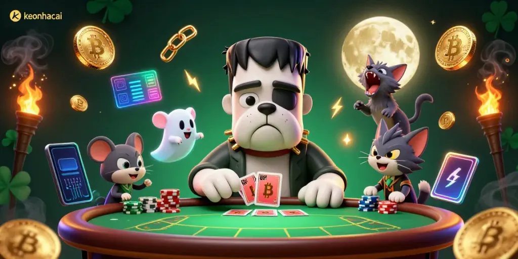 Join the thrilling action at keonhacai with a Frankenstein bulldog dealer, ghost mouse, and werewolf kitten in a poker showdown.