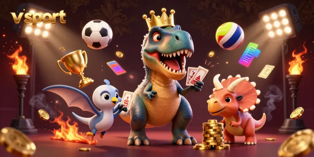 Engage with v sport in a vibrant casino scene featuring a T-Rex shuffling cards, showcasing thrilling betting action.