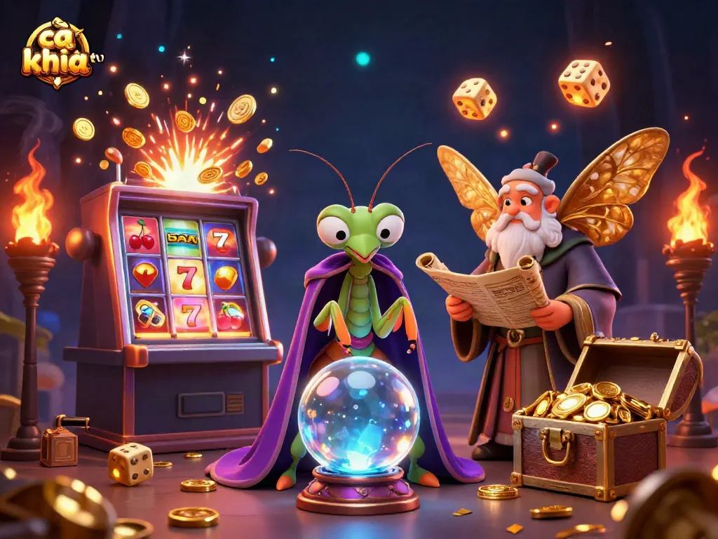 Experience the magic of cà khịa tv with this enchanting 3D scene featuring fortune tellers and casino icons.