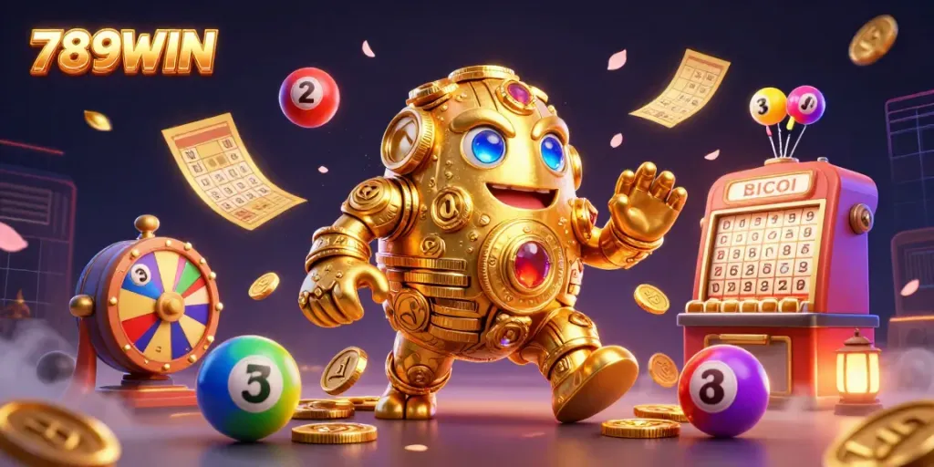 Experience excitement at 789WIN with golden golems and vibrant lottery elements in a lively casino scene.