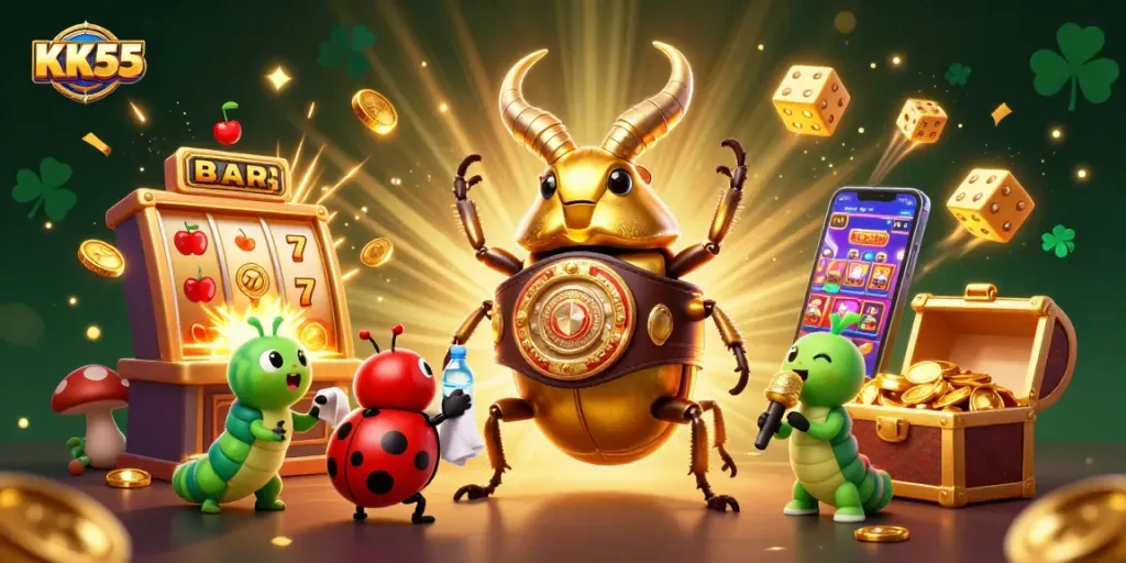 Engage in exciting gameplay at KK55 with vibrant casino elements and animated characters.