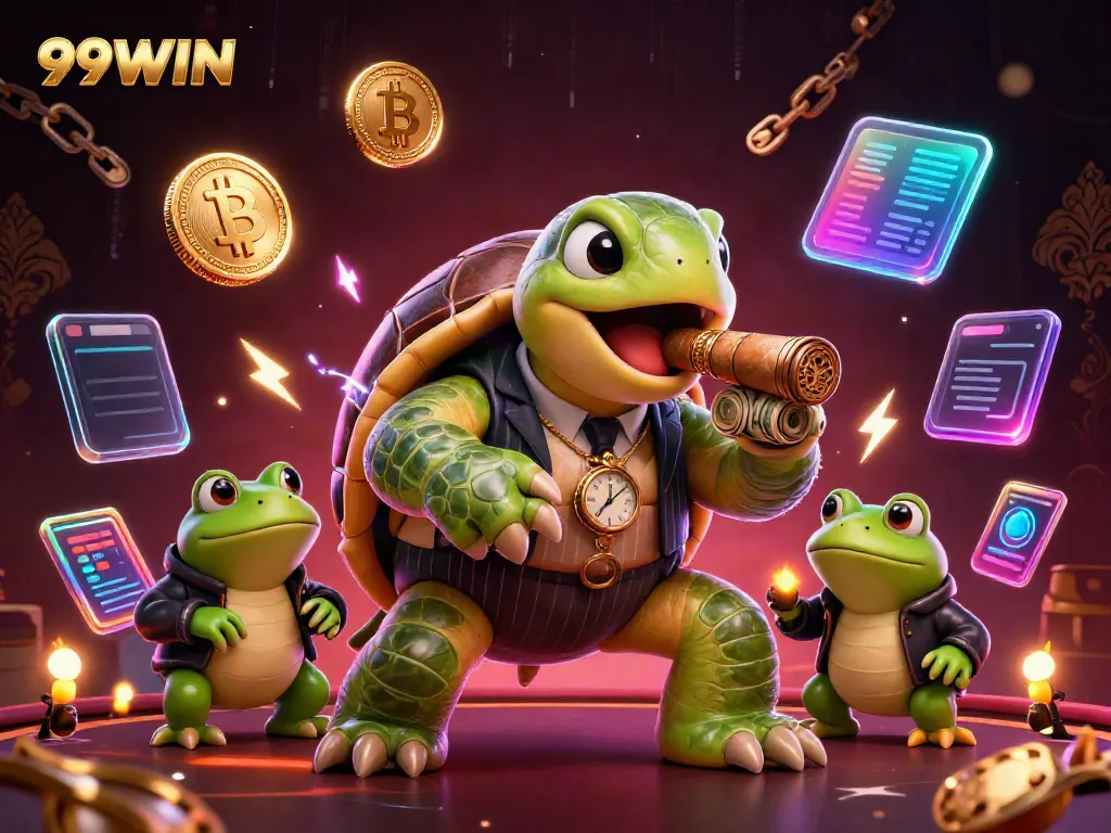 Experience the thrill of 99WIN with vibrant casino characters and crypto elements.