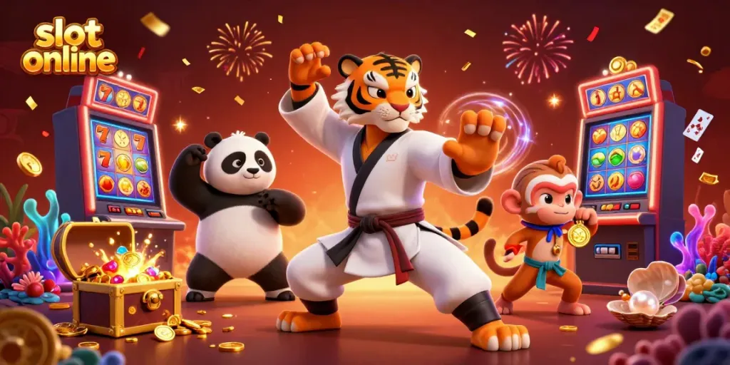 Menjalankan permainan slot online dengan tiger master dan panda, dikelilingi medali emas dan mesin jackpot.