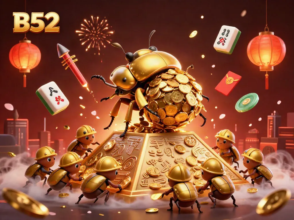 B52 game experience showcasing a golden dung beetle and coins in a vibrant casino atmosphere.