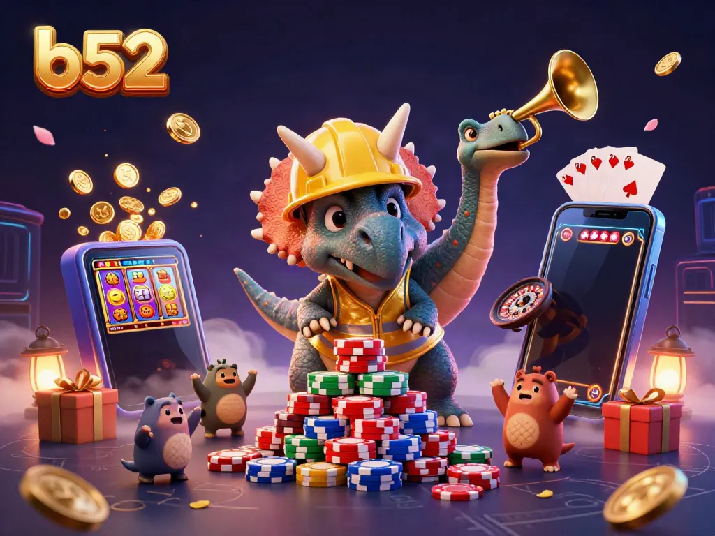 Experience the thrill of b52 gaming with a vibrant casino scene featuring a triceratops, celebrating the fun of slots and poker.