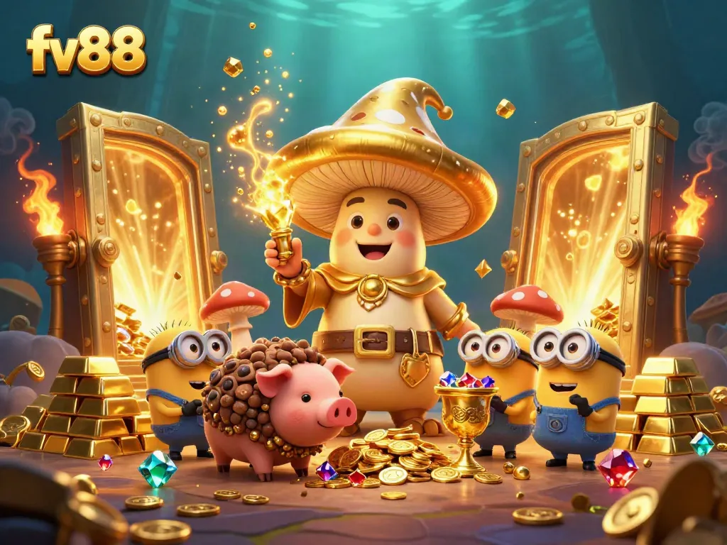 Experience thrilling gaming action at fv88 with vibrant casino characters and dynamic treasure elements.