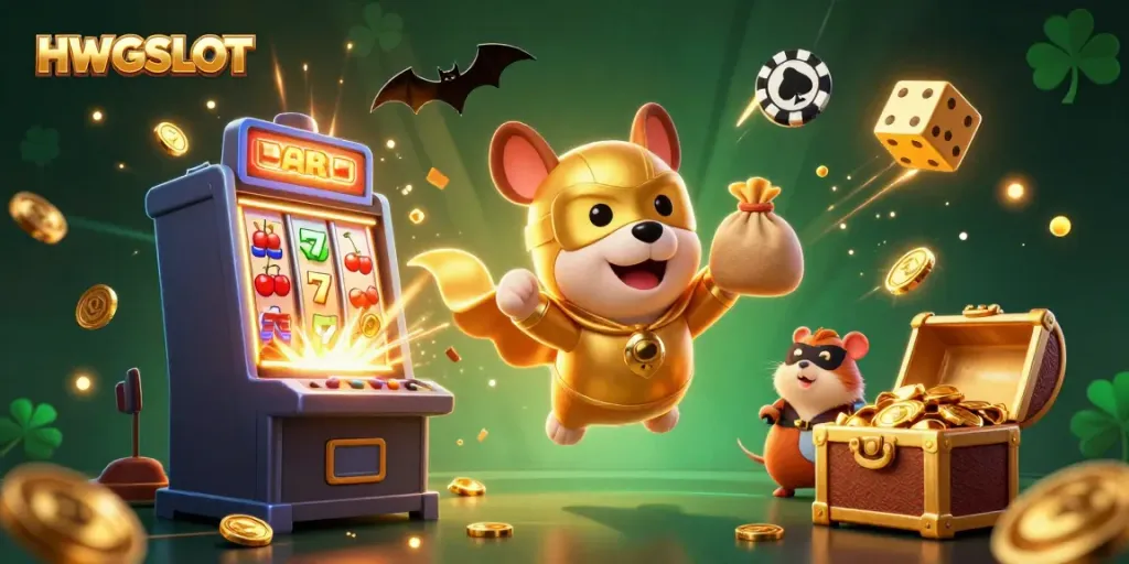HWGSLOT platform represented by superhero characters amid slot machine symbols, showcasing casino excitement.