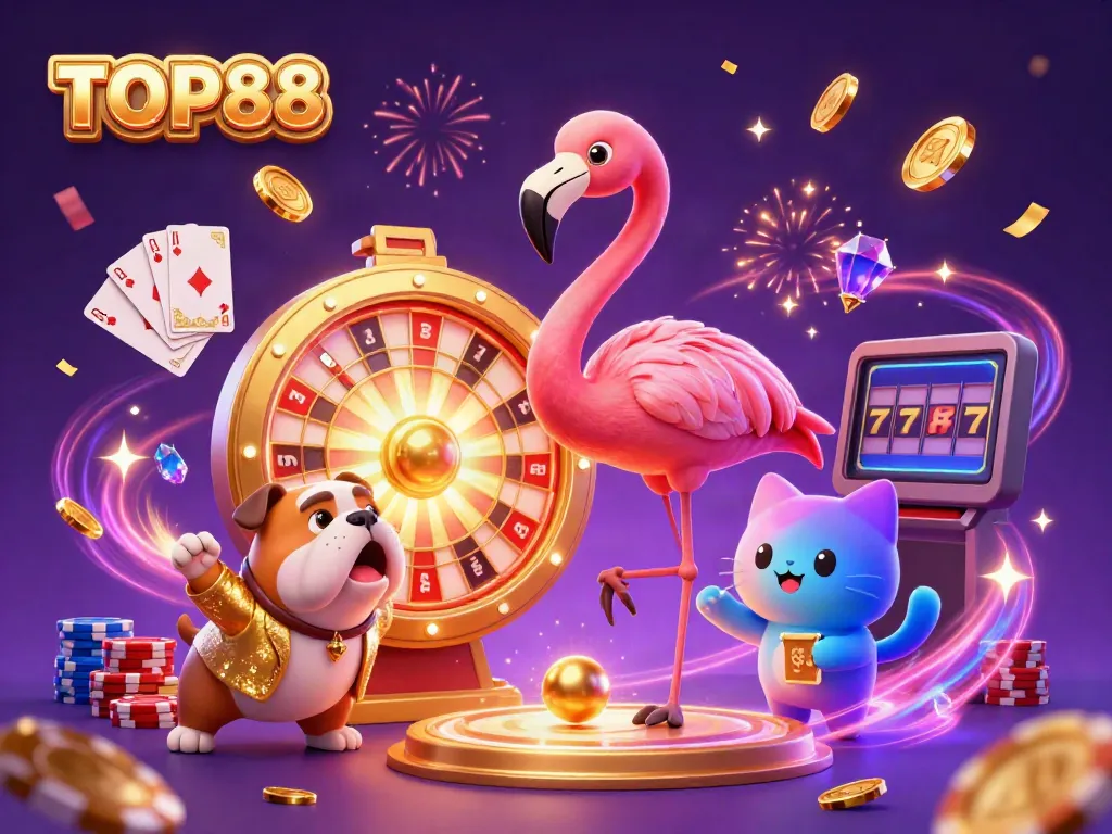Celebrate winnings at TOP88 with vibrant 3D cartoon characters and golden prizes!