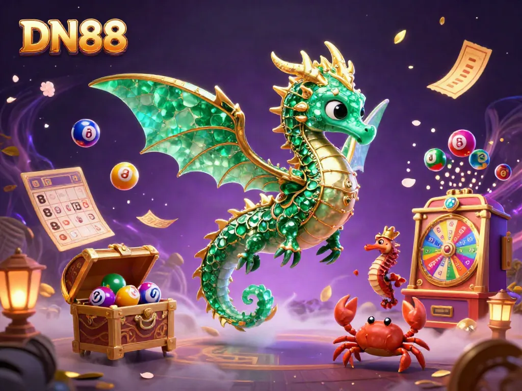 Experience DN88's enchanting sea dragon treasure scene filled with vibrant lottery elements and magical effects.