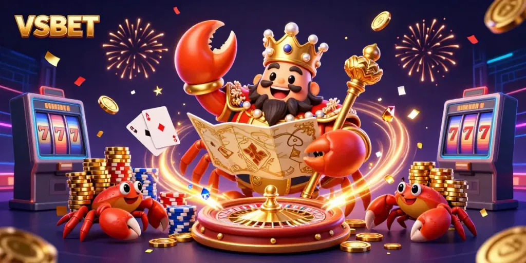 Experience the vibrant world of VSBET with a golden crab emperor presiding over a treasure-filled casino scene.