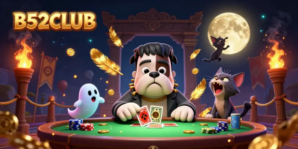 Experience the excitement of B52CLUB with a themed 3D casino scene featuring dynamic characters and vibrant elements.