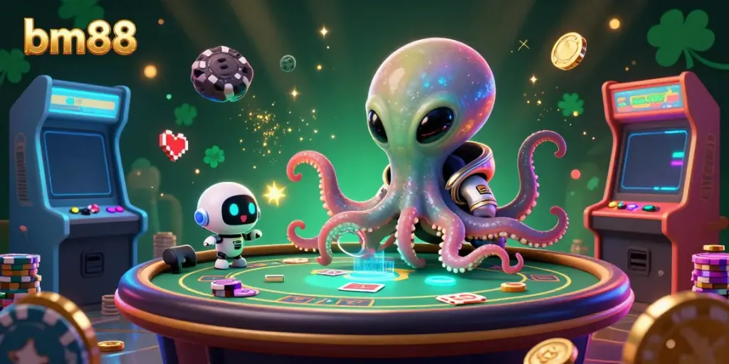Experience exciting gameplay at bm88 with an alien octopus dealer at a holographic poker table.